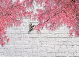 Фотообои Стена из белого  кирпича с ветками сакуры