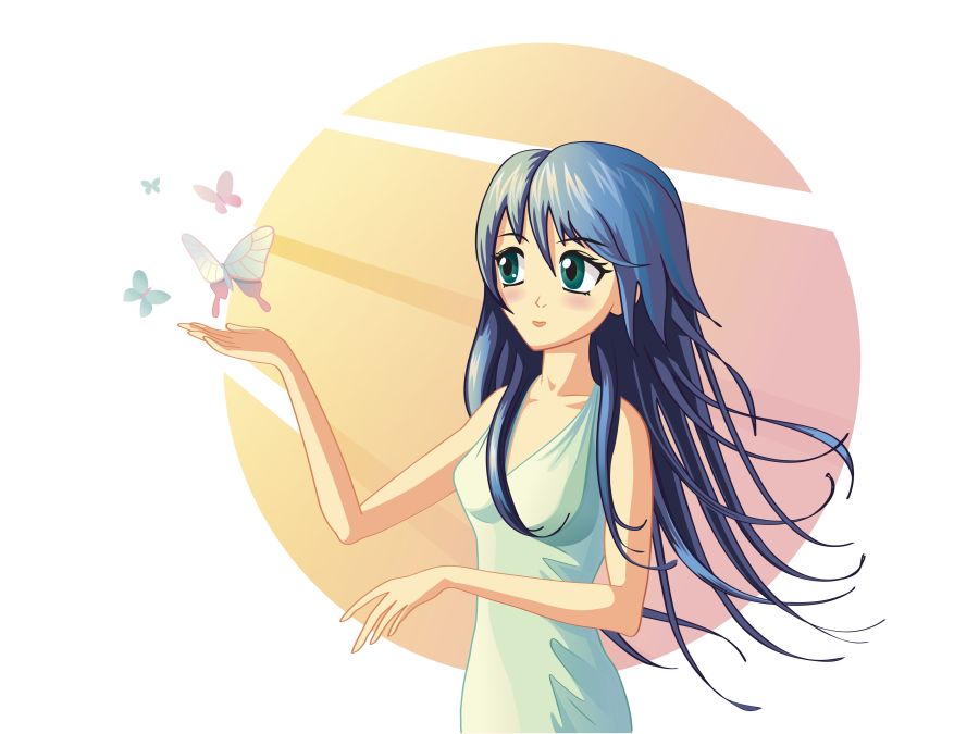 Фреска аниме Япония девочка и бабочки