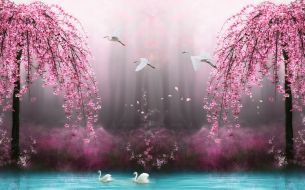 Фотообои Лебеди в розовом лесу